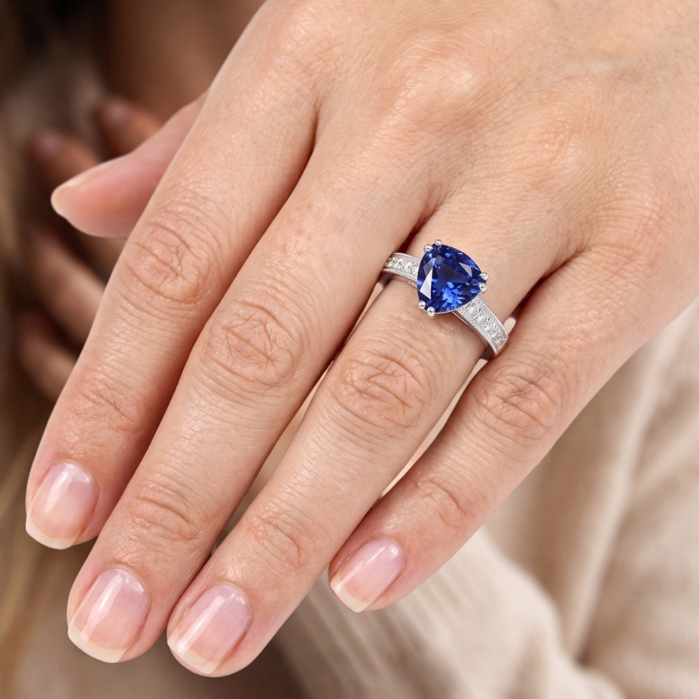 Natural Earth Mined Diamond Jewellery Trillion Cut Blue Sapphire Ring Double Prong 2 Carats