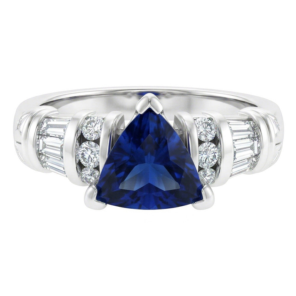Natural Earth Mined Diamond Jewellery Trillion Sapphire Ring 2 Carats 14K White Gold