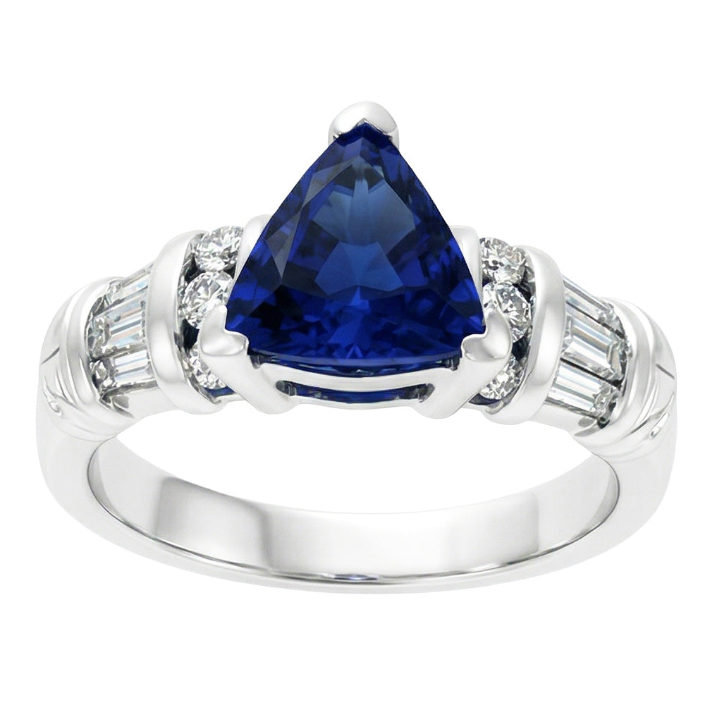 Natural Earth Mined Diamond Jewellery Trillion Sapphire Ring 2 Carats 14K White Gold