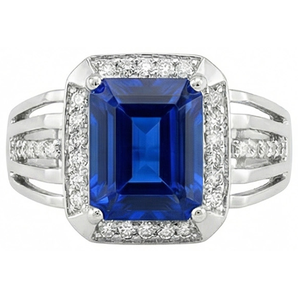 Natural Earth Mined Diamond Men's Ring Emerald Cut Blue Sapphire With Accents 3.50 Carats