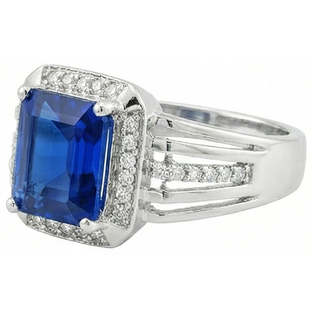 Natural Earth Mined Diamond Men's Ring Emerald Cut Blue Sapphire With Accents 3.50 Carats