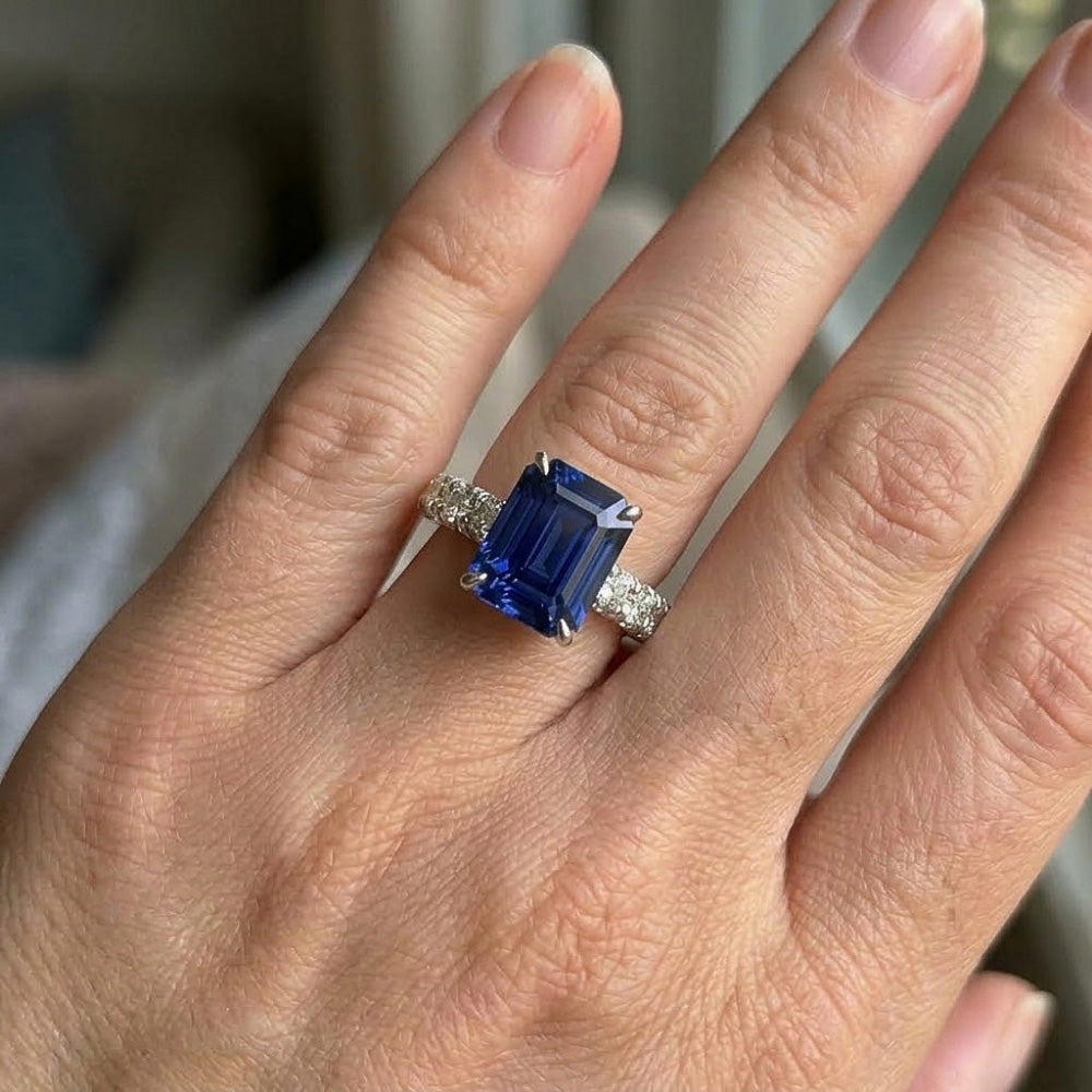 Natural Earth Mined Diamond Pave Setting Ring Emerald Ceylon Sapphire 5 Carats