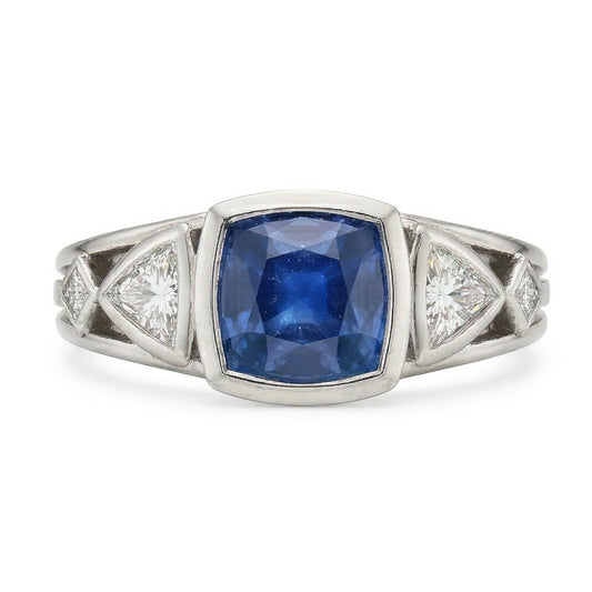 Natural Earth Mined Diamond Ring 2.50 Carats Bezel Round Sapphire & Trillion, Princess Cut