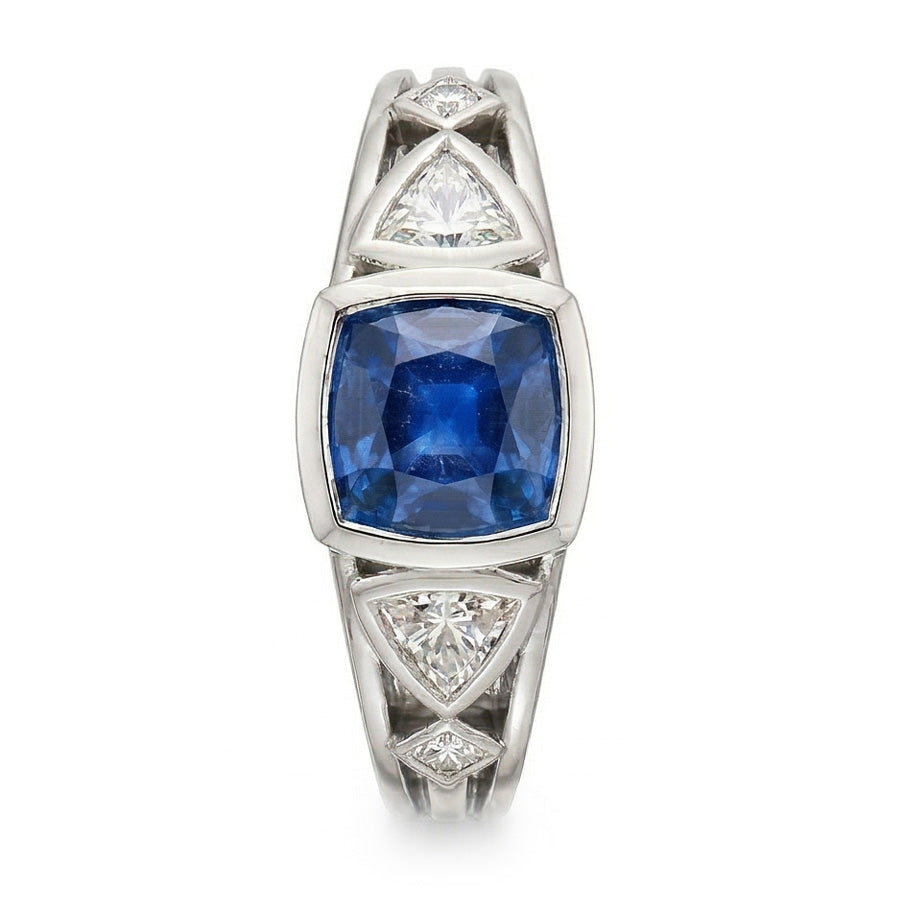 Natural Earth Mined Diamond Ring 2.50 Carats Bezel Round Sapphire & Trillion, Princess Cut