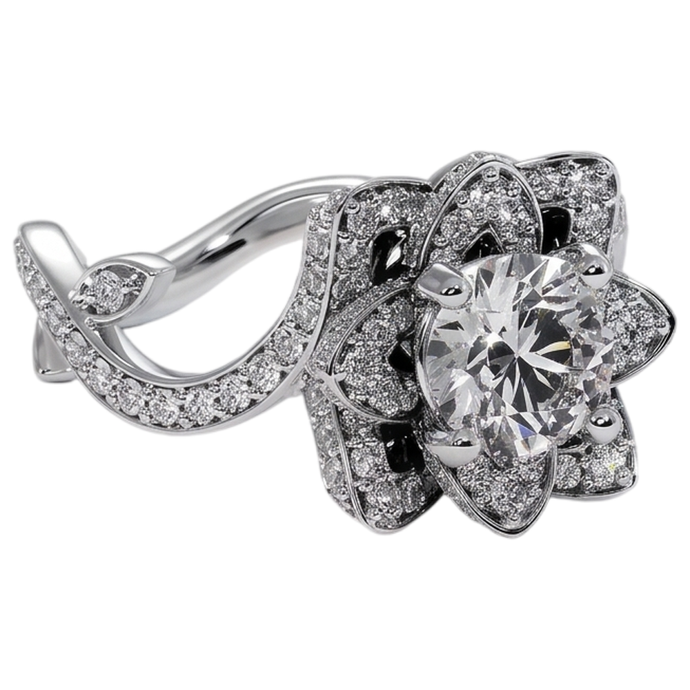Natural Earth Mined Diamond Ring Lotus Flower 2.50 Carats 4 Prong Setting White Gold
