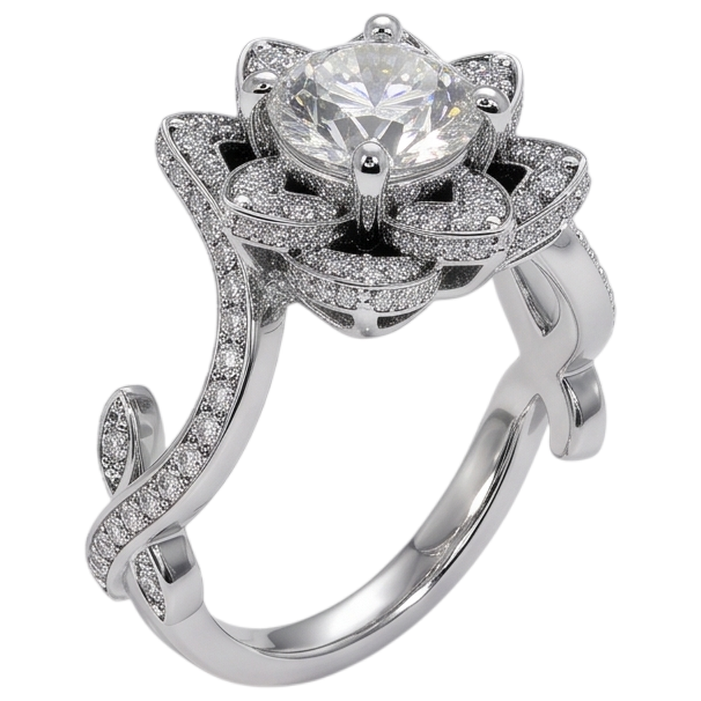Natural Earth Mined Diamond Ring Lotus Flower 2.50 Carats 4 Prong Setting White Gold