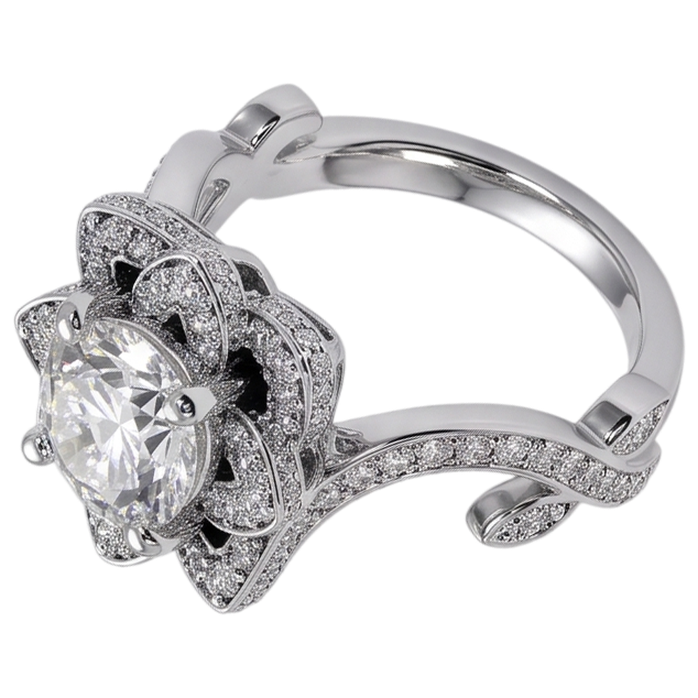 Natural Earth Mined Diamond Ring Lotus Flower 2.50 Carats 4 Prong Setting White Gold