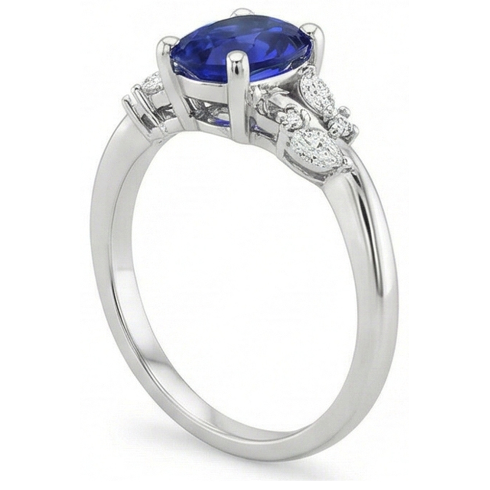 Natural Earth Mined Diamond Ring Oval Blue Sapphire With Marquise & Round Stones 4 Carats