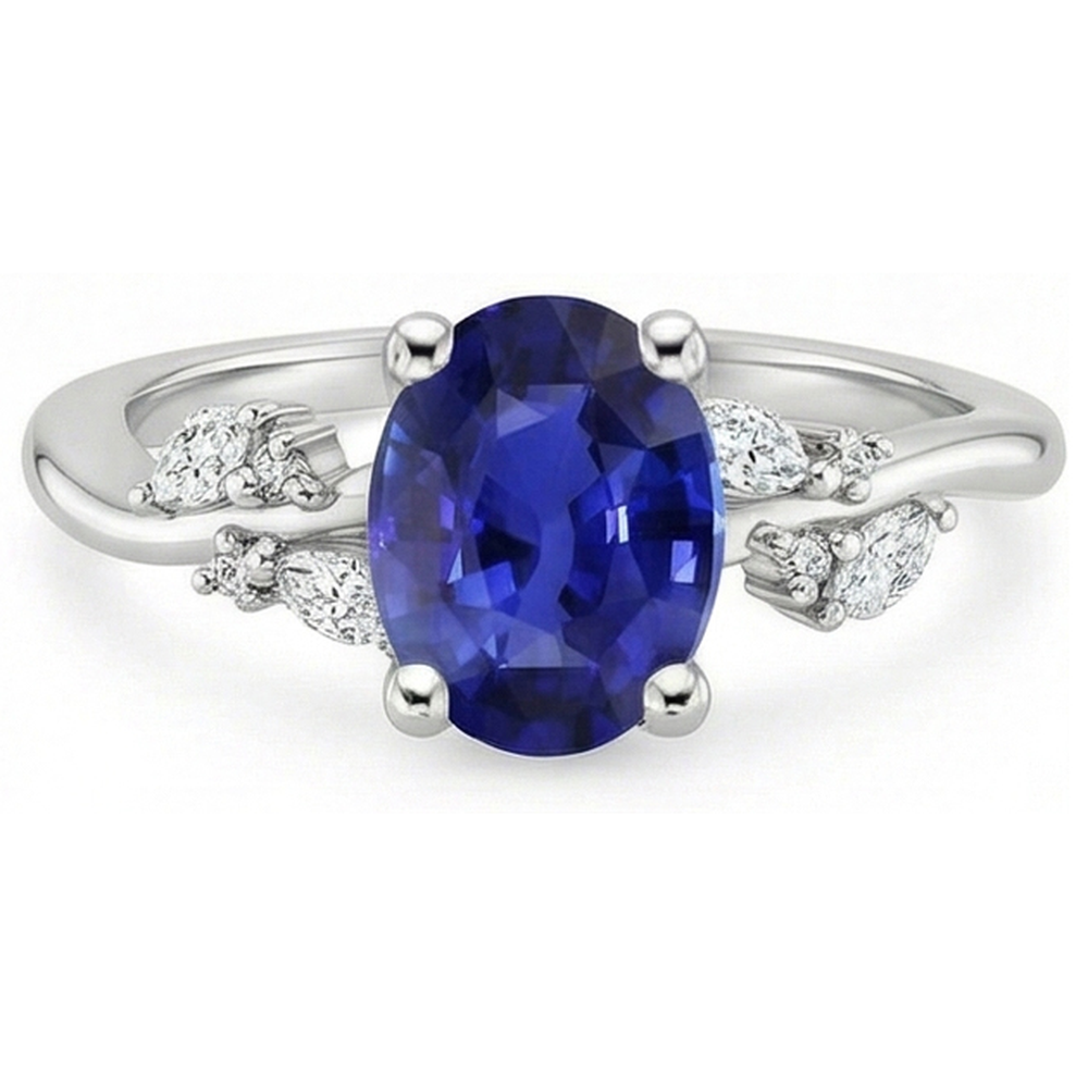 Natural Earth Mined Diamond Ring Oval Blue Sapphire With Marquise & Round Stones 4 Carats