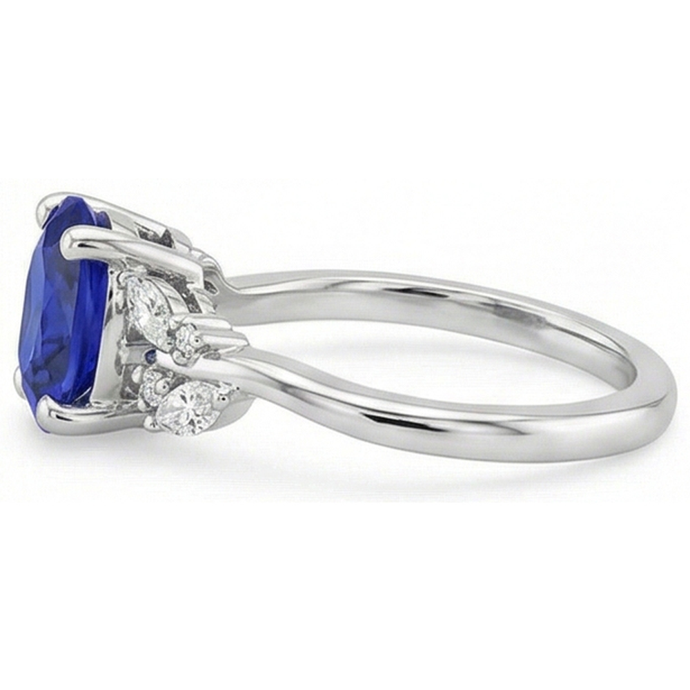 Natural Earth Mined Diamond Ring Oval Blue Sapphire With Marquise & Round Stones 4 Carats
