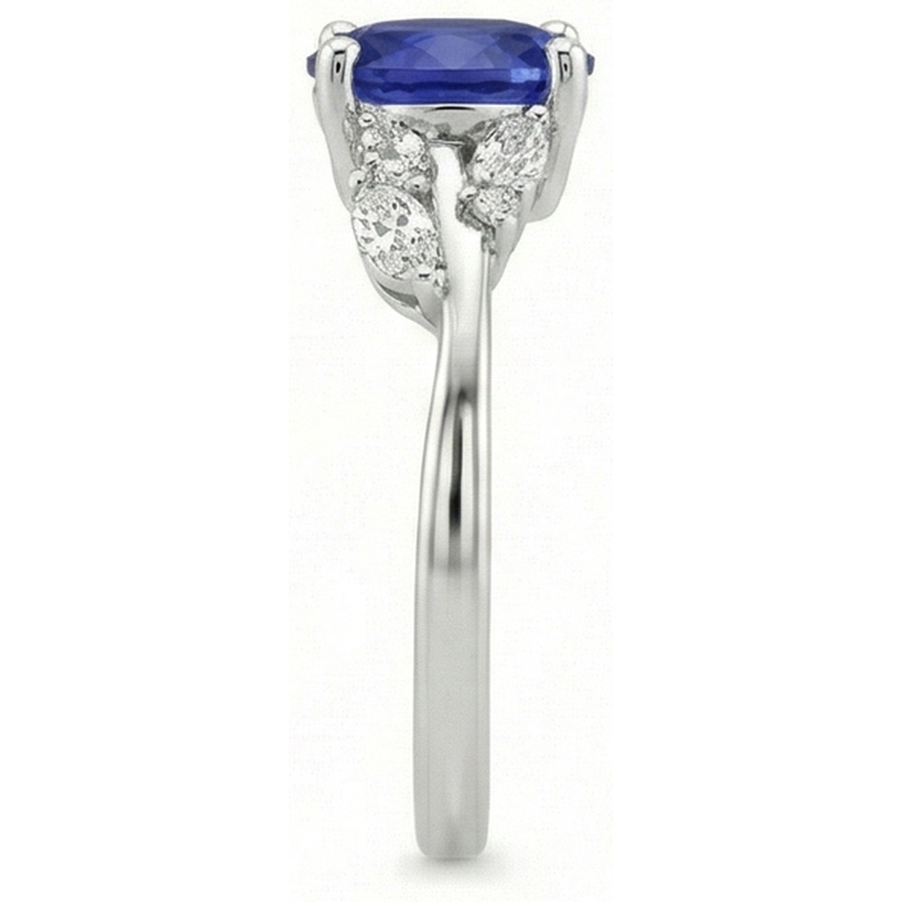 Natural Earth Mined Diamond Ring Oval Blue Sapphire With Marquise & Round Stones 4 Carats