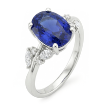 Natural Earth Mined Diamond Ring Oval Blue Sapphire With Marquise & Round Stones 4 Carats
