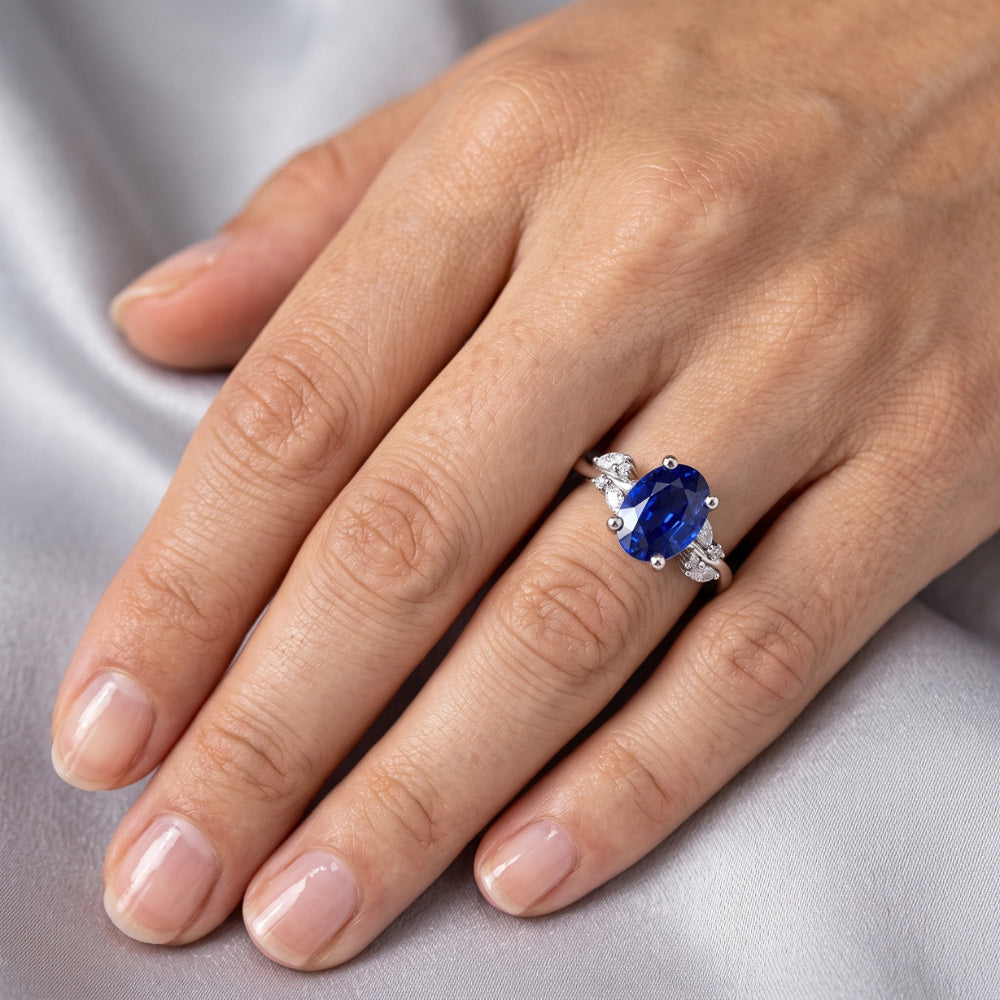 Natural Earth Mined Diamond Ring Oval Blue Sapphire With Marquise & Round Stones 4 Carats