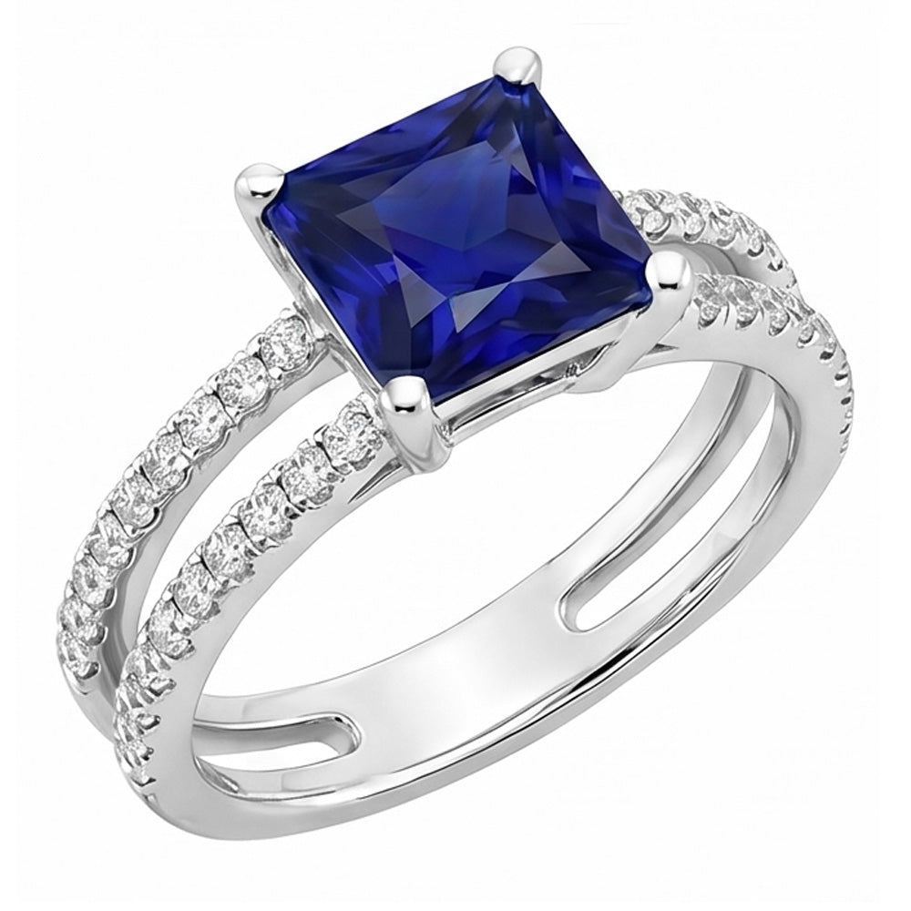 Natural Earth Mined Diamond Ring Princess Cut Sapphire With Accents Split Shank 6 Carats
