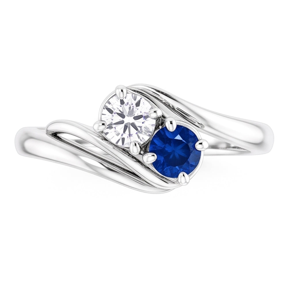 Natural Earth Mined Diamond Round Blue Sapphire Bypass Setting Ring 1.50 Carats