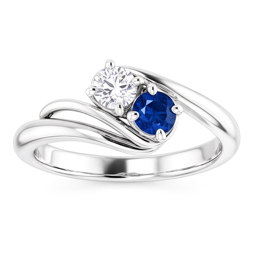 Natural Earth Mined Diamond Round Blue Sapphire Bypass Setting Ring 1.50 Carats