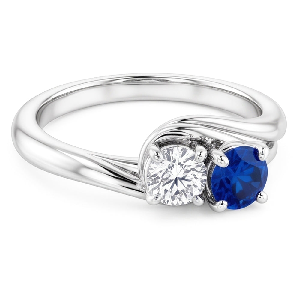 Natural Earth Mined Diamond Round Blue Sapphire Bypass Setting Ring 1.50 Carats