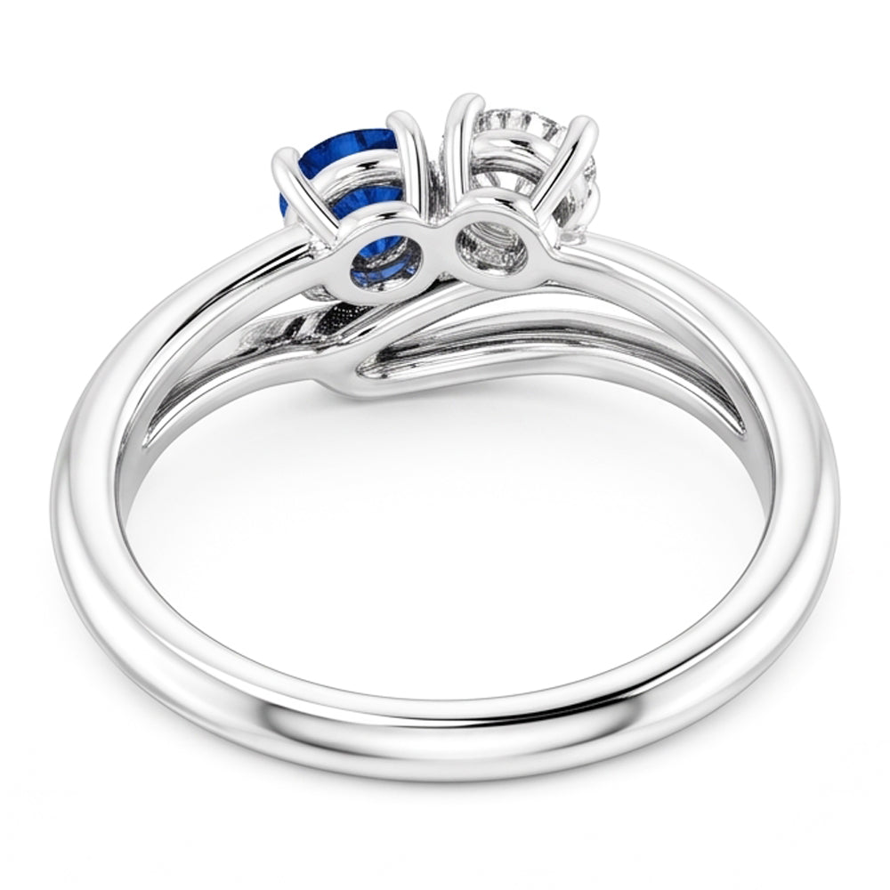 Natural Earth Mined Diamond Round Blue Sapphire Bypass Setting Ring 1.50 Carats