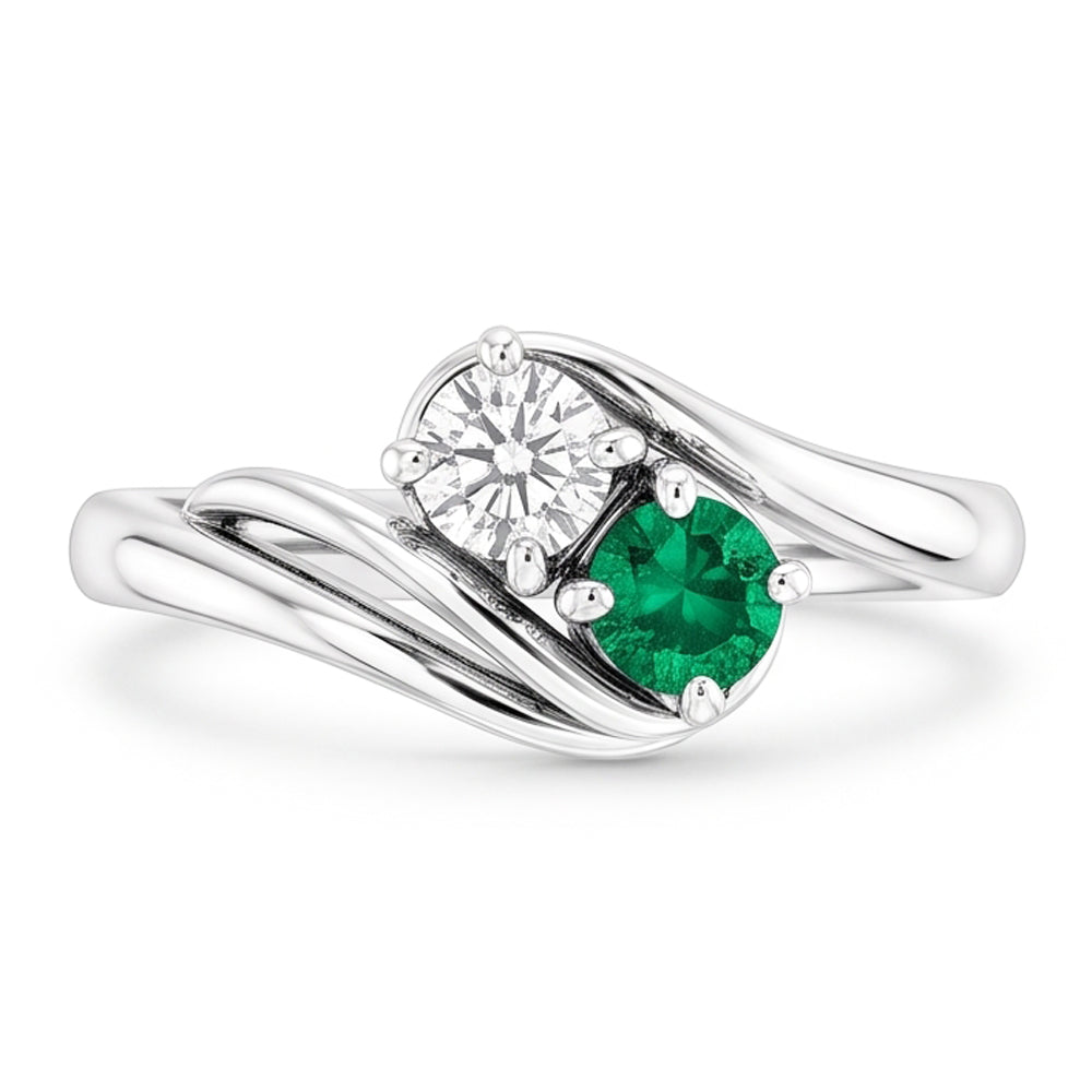 Natural Earth Mined Diamond Round Green Emerald Bypass Setting Ring 1.50 Carats