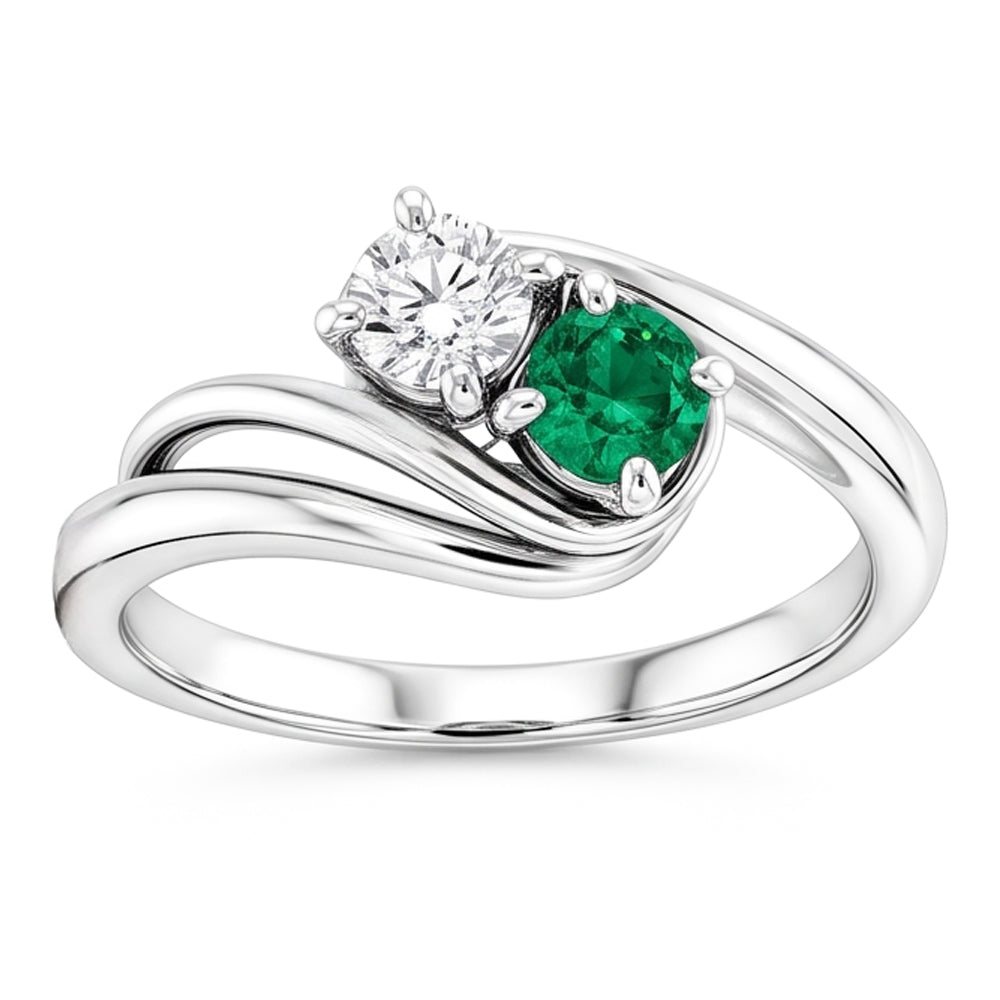 Natural Earth Mined Diamond Round Green Emerald Bypass Setting Ring 1.50 Carats