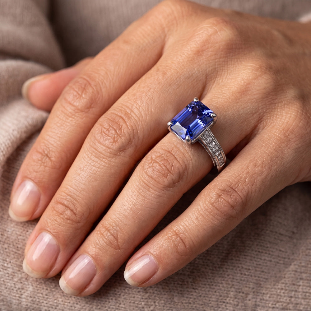 Natural Earth Mined Diamond Sapphire Ring With Accents 4 Carats Milgrain Shank Channel Set