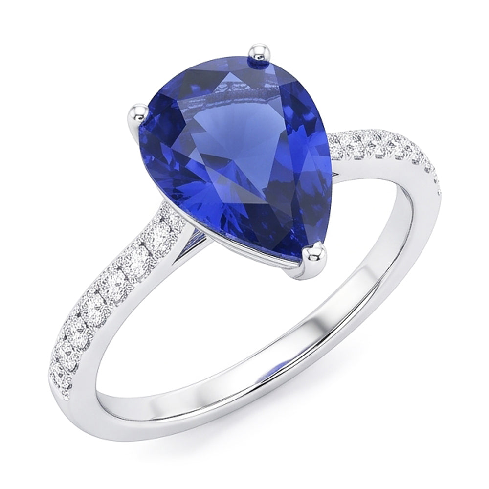 Natural Earth Mined Diamond Solitaire Pear Ceylon Sapphire Ring With Accents 4 Carats
