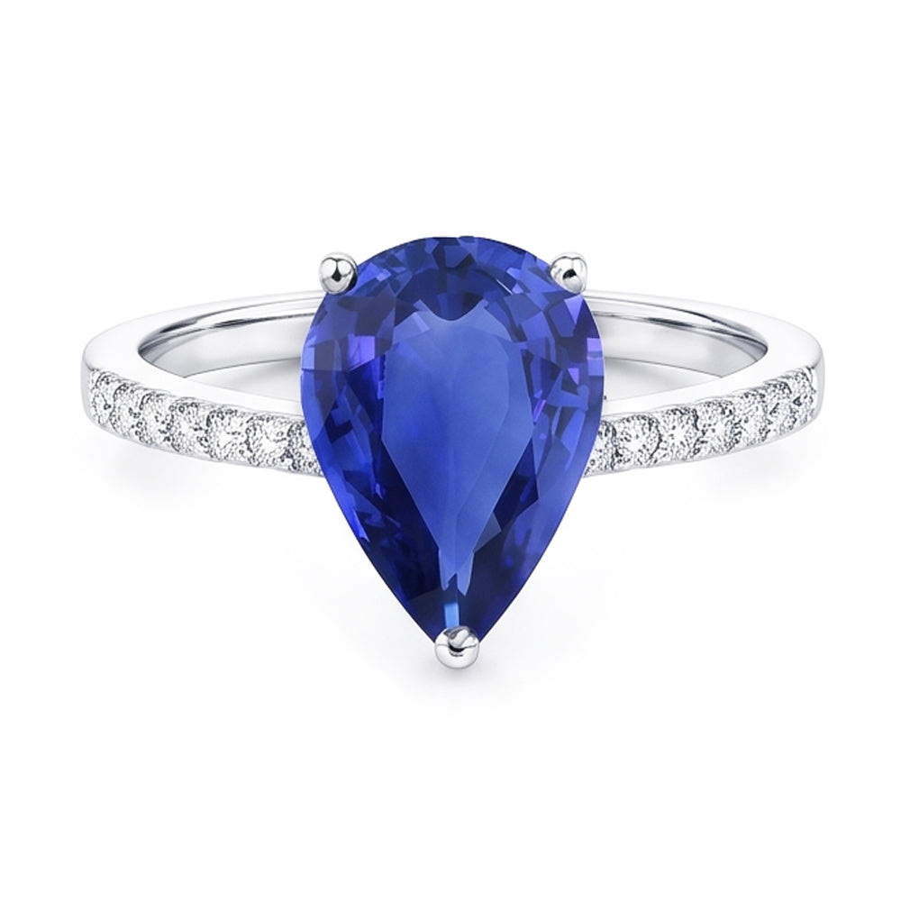 Natural Earth Mined Diamond Solitaire Pear Ceylon Sapphire Ring With Accents 4 Carats