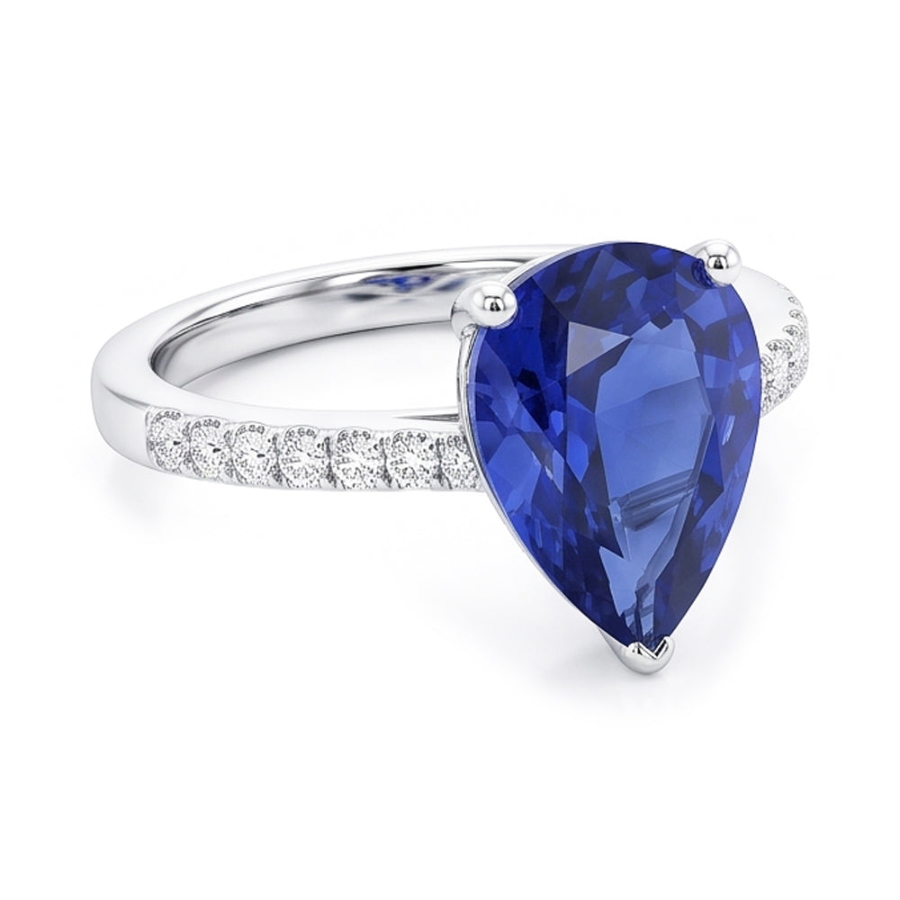 Natural Earth Mined Diamond Solitaire Pear Ceylon Sapphire Ring With Accents 4 Carats