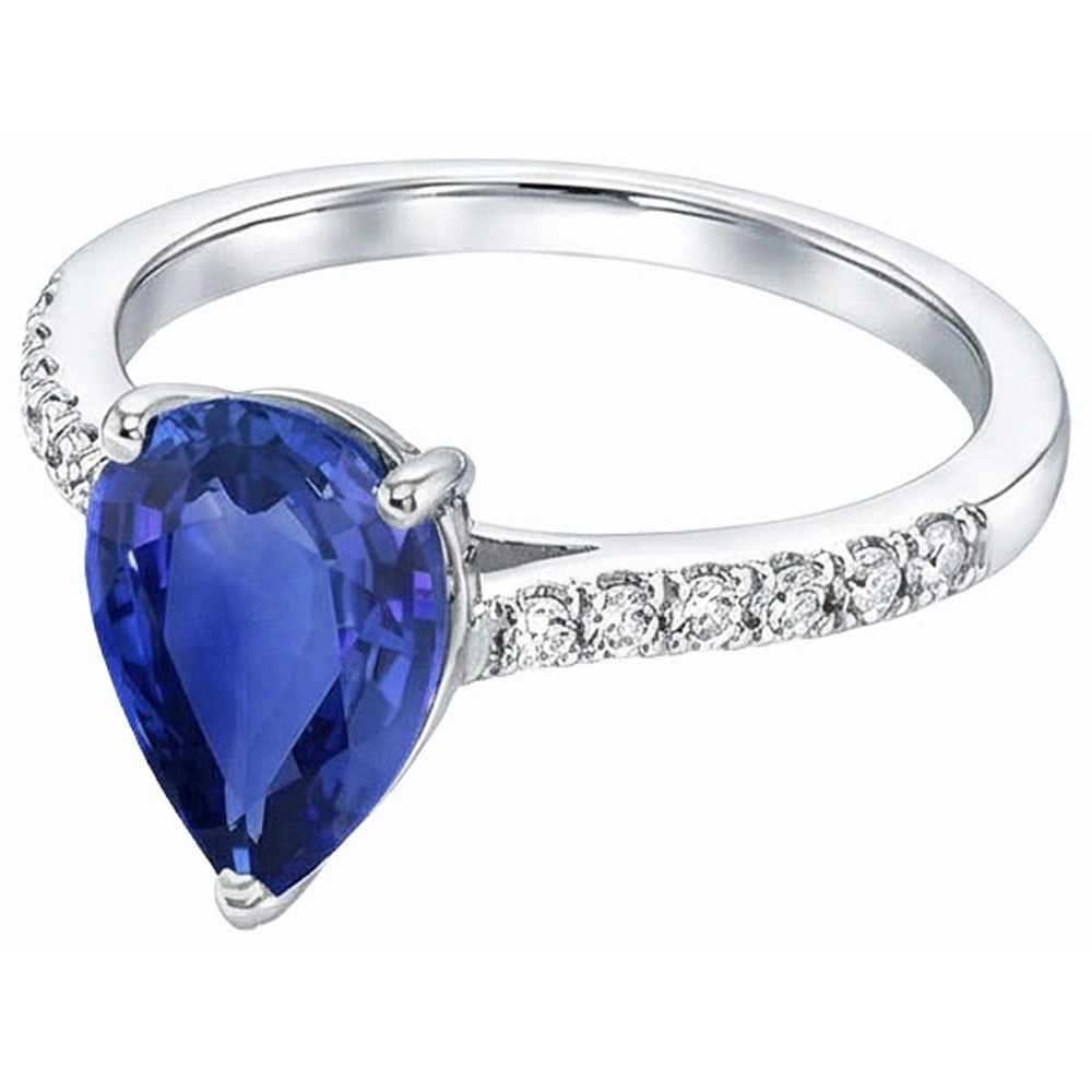 Natural Earth Mined Diamond Solitaire Pear Ceylon Sapphire Ring With Accents 4 Carats