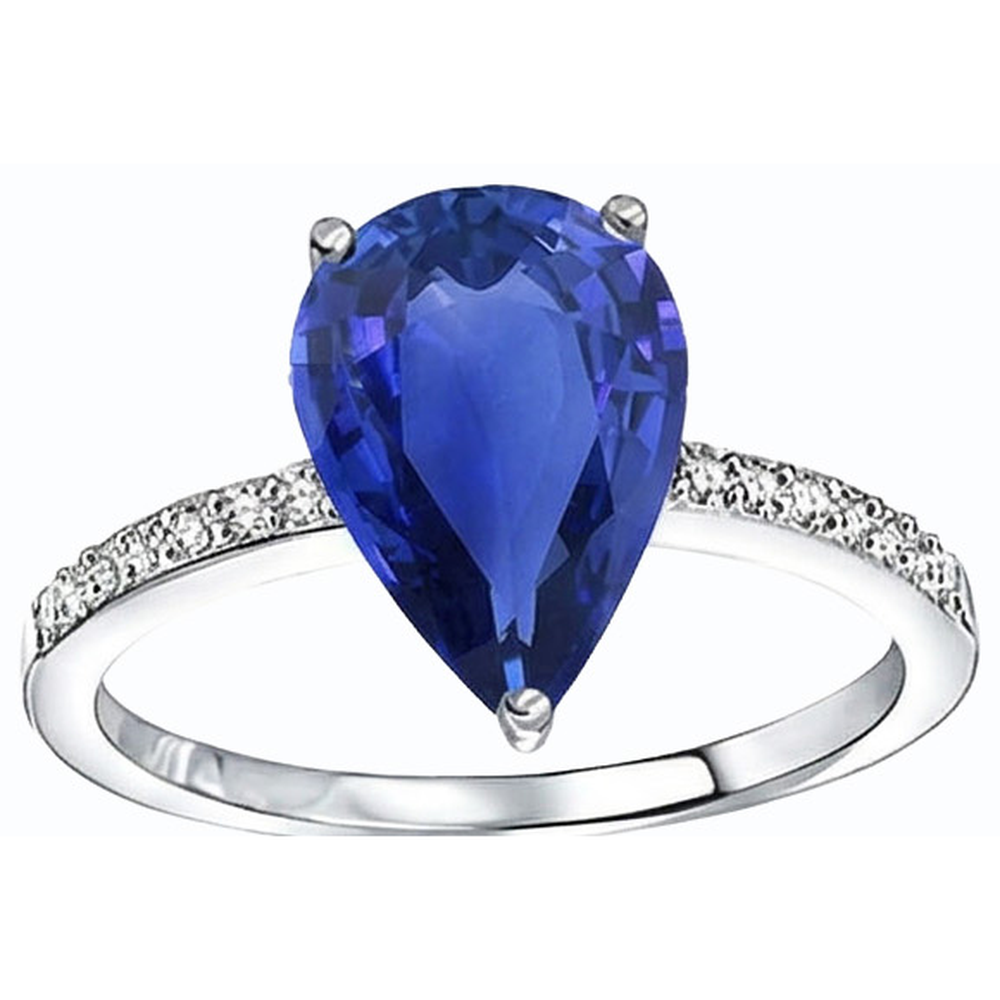 Natural Earth Mined Diamond Solitaire Pear Ceylon Sapphire Ring With Accents 4 Carats