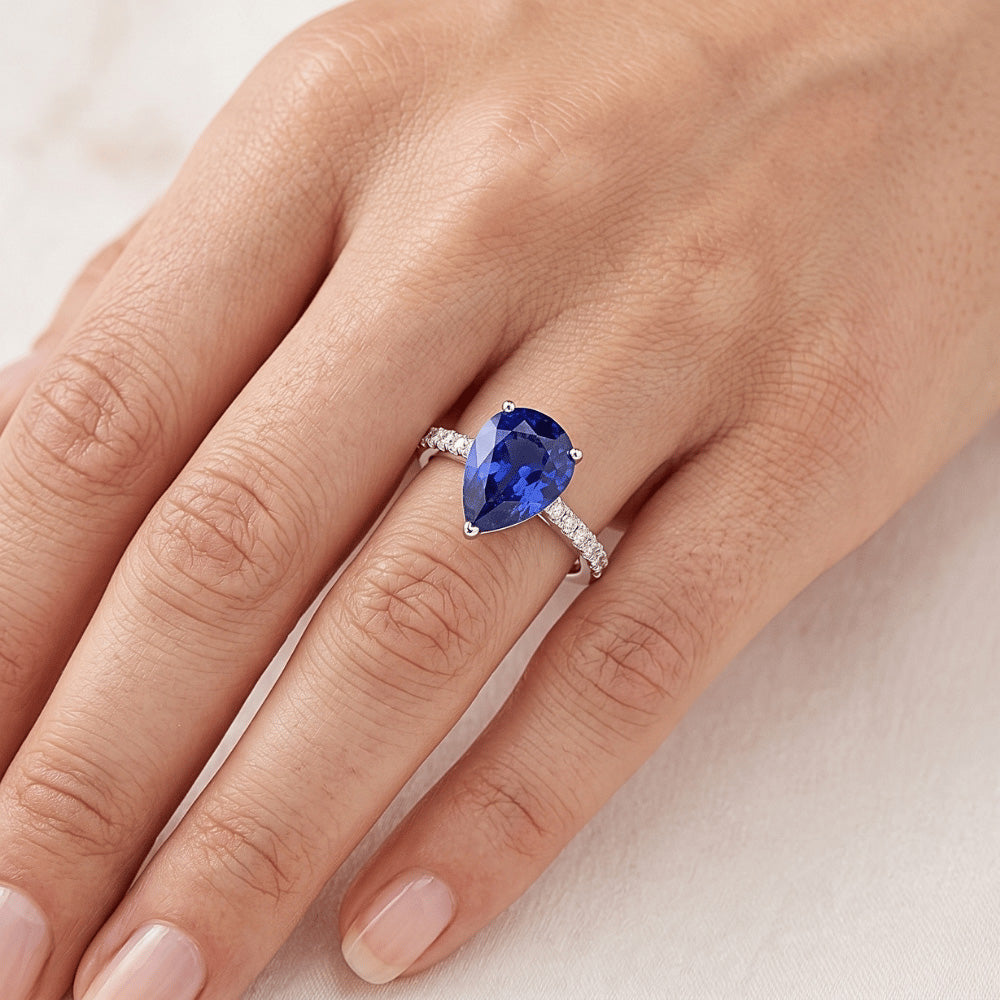 Natural Earth Mined Diamond Solitaire Pear Ceylon Sapphire Ring With Accents 4 Carats