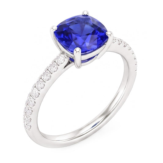 Natural Earth Mined Diamond Solitaire Ring Accents Cushion Shaped Ceylon Sapphire 3 Carats