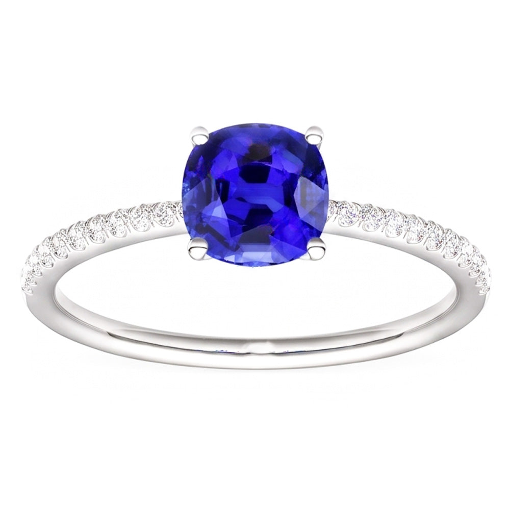 Natural Earth Mined Diamond Solitaire Ring Accents Cushion Shaped Ceylon Sapphire 3 Carats