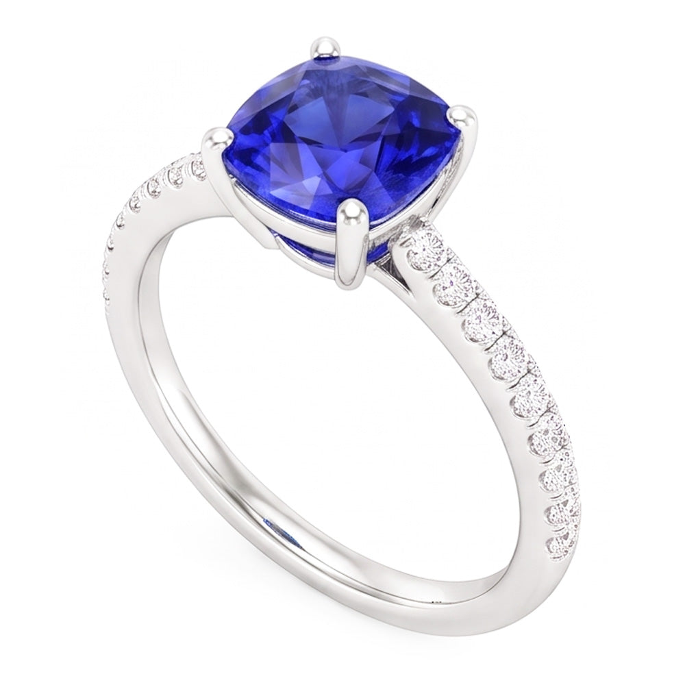 Natural Earth Mined Diamond Solitaire Ring Accents Cushion Shaped Ceylon Sapphire 3 Carats