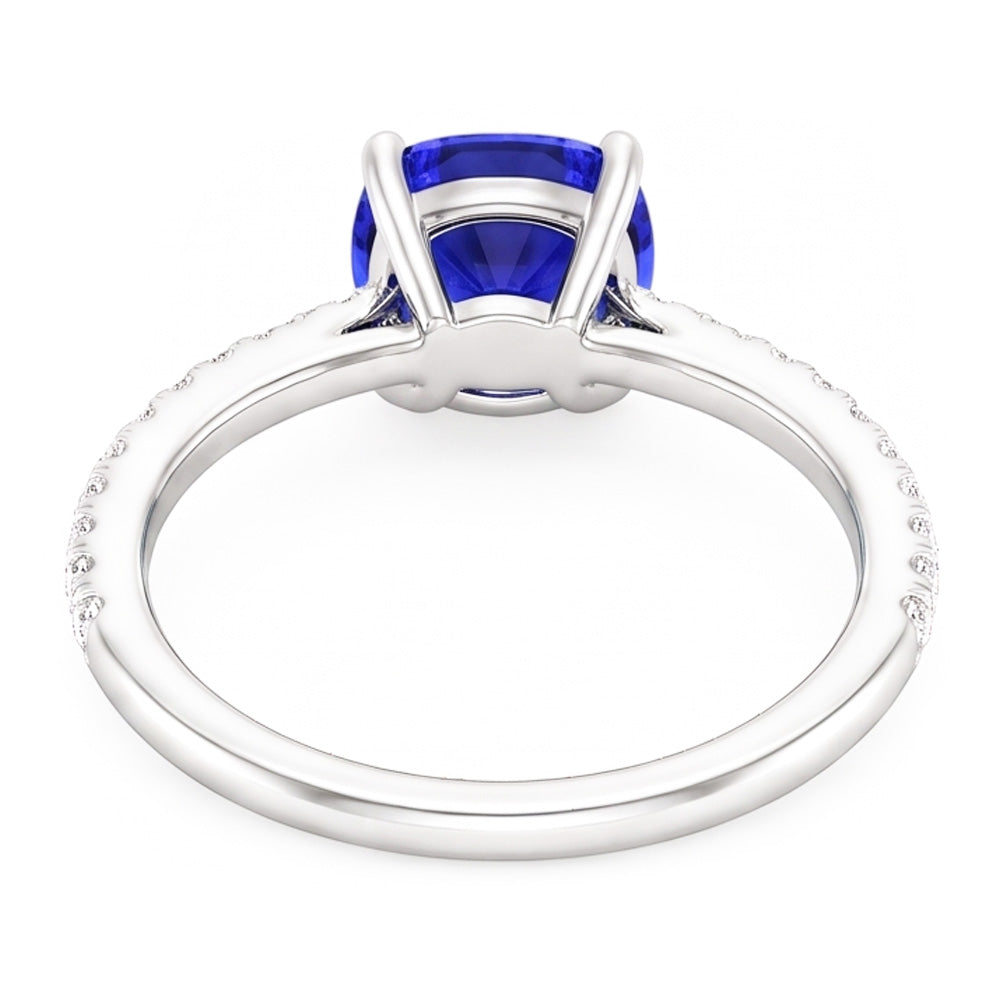 Natural Earth Mined Diamond Solitaire Ring Accents Cushion Shaped Ceylon Sapphire 3 Carats