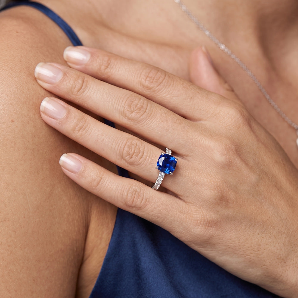 Natural Earth Mined Diamond Solitaire Ring Accents Cushion Shaped Ceylon Sapphire 3 Carats
