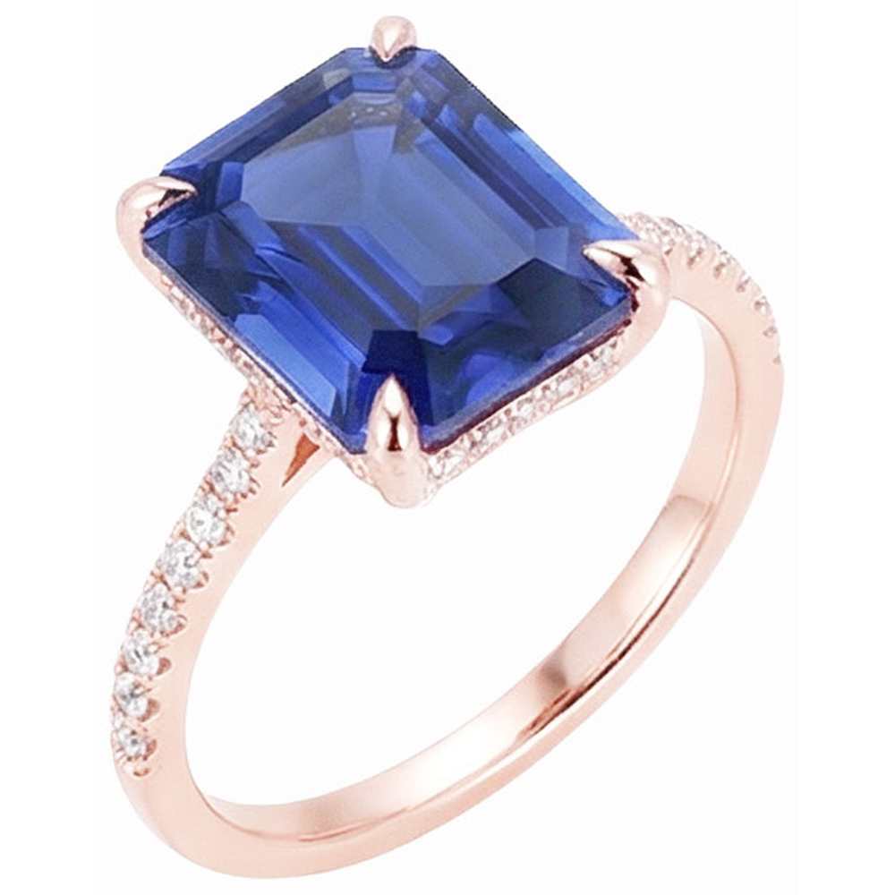 Natural Earth Mined Diamond Solitaire Ring Accents Emerald Cut Ceylon Sapphire 4.50 Carats