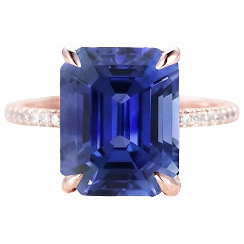 Natural Earth Mined Diamond Solitaire Ring Accents Emerald Cut Ceylon Sapphire 4.50 Carats