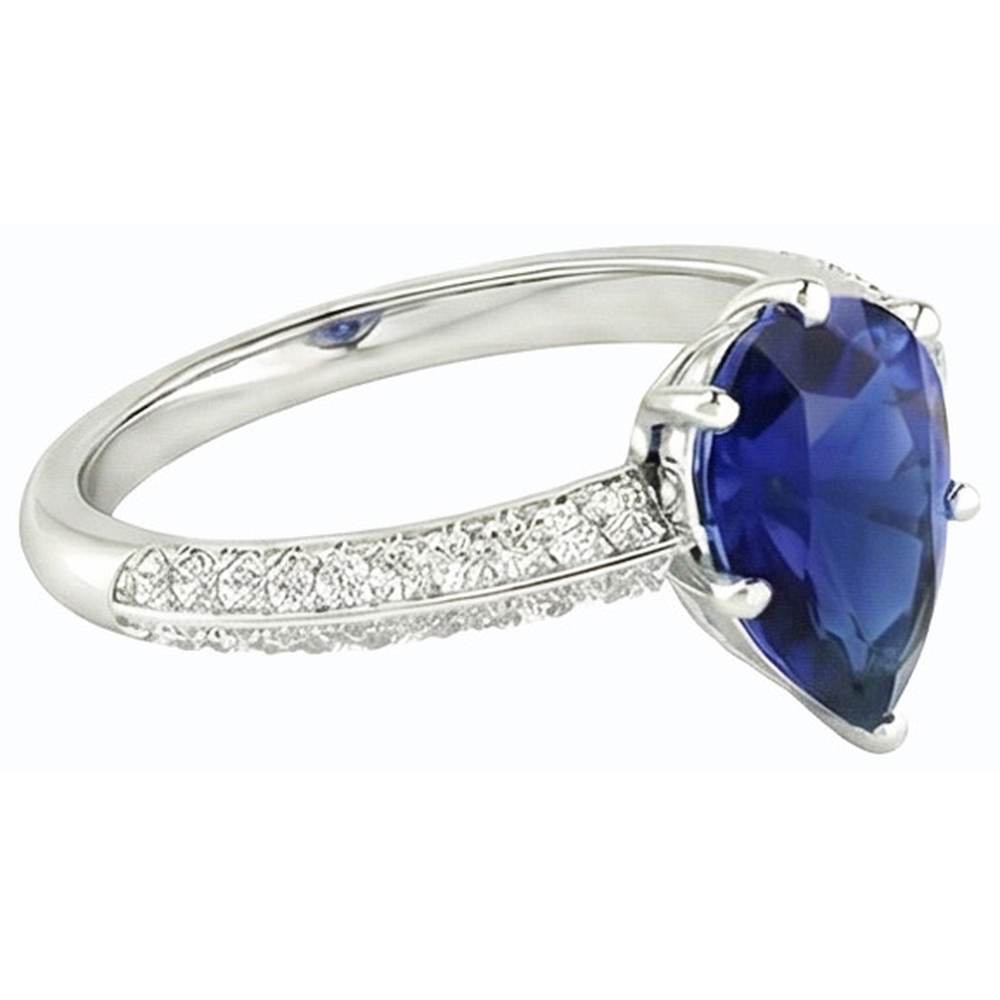 Natural Earth Mined Diamond Solitaire Ring Accents Pear Sri Lankan Sapphire 3 Carats
