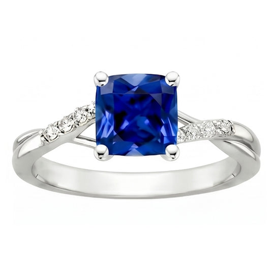 Natural Earth Mined Diamond Solitaire Ring Cushion Blue Sapphire With Accents 2.50 Carats