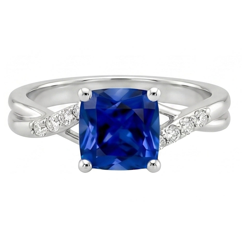 Natural Earth Mined Diamond Solitaire Ring Cushion Blue Sapphire With Accents 2.50 Carats