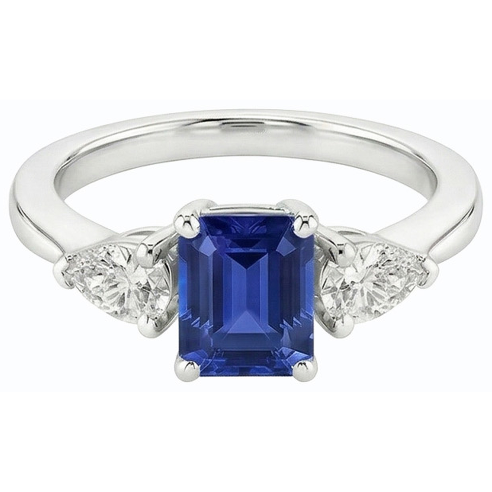Natural Earth Mined Diamond Three Stone Emerald Shaped Ring Deep Blue Sapphire 2.50 Carats