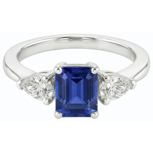Natural Earth Mined Diamond Three Stone Emerald Shaped Ring Deep Blue Sapphire 2.50 Carats