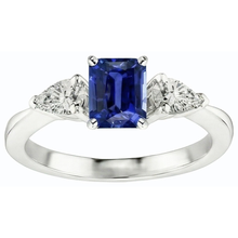 Natural Earth Mined Diamond Three Stone Emerald Shaped Ring Deep Blue Sapphire 2.50 Carats