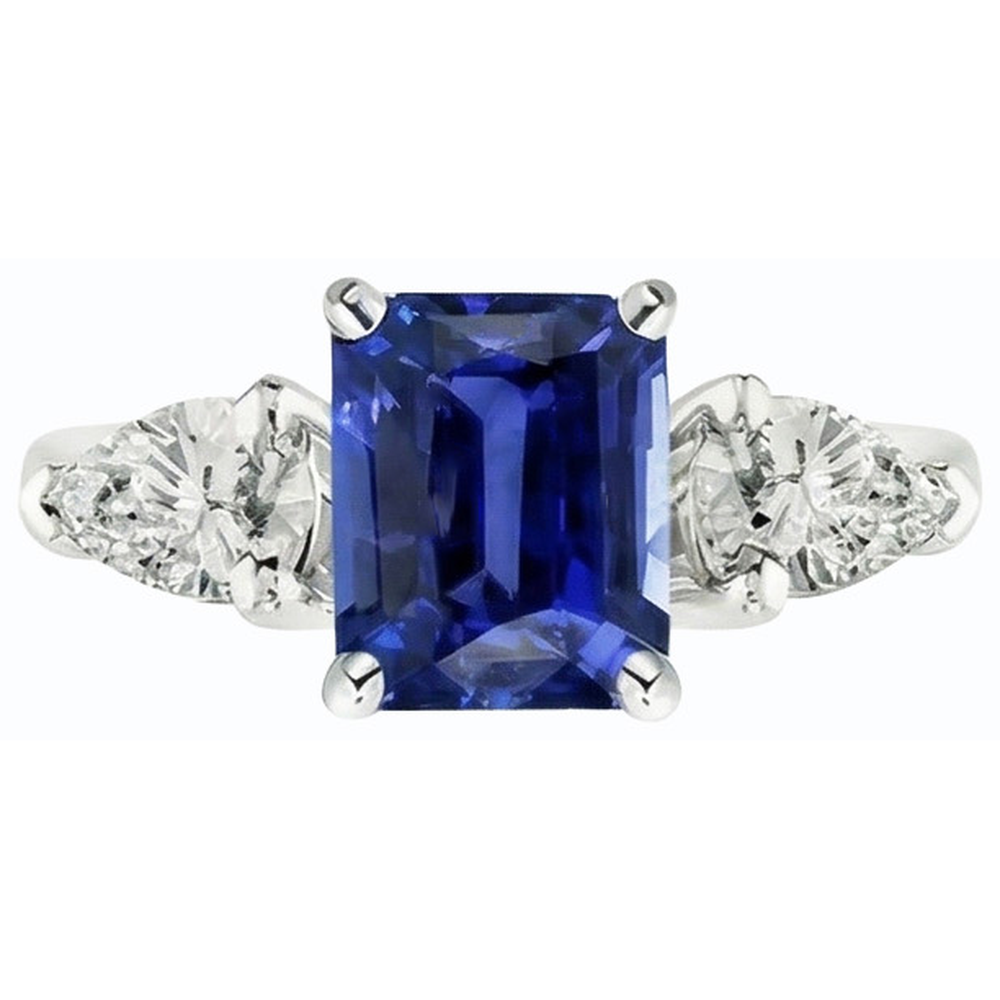 Natural Earth Mined Diamond Three Stone Emerald Shaped Ring Deep Blue Sapphire 2.50 Carats