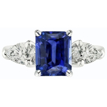 Natural Earth Mined Diamond Three Stone Emerald Shaped Ring Deep Blue Sapphire 2.50 Carats