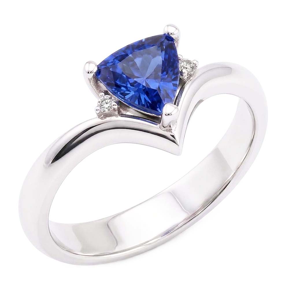 Natural Earth Mined Diamond Three Stone Trillion Sapphire Ring 1.25 Carats Heart Style