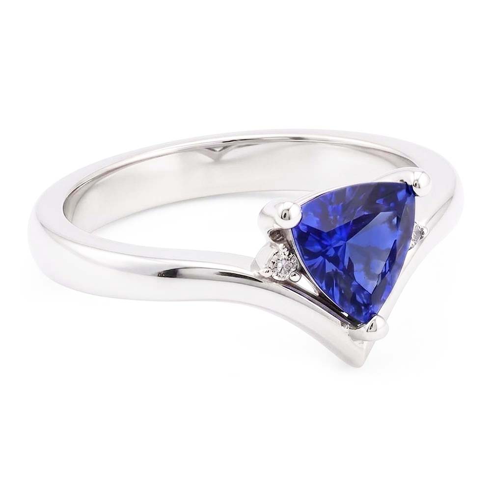 Natural Earth Mined Diamond Three Stone Trillion Sapphire Ring 1.25 Carats Heart Style