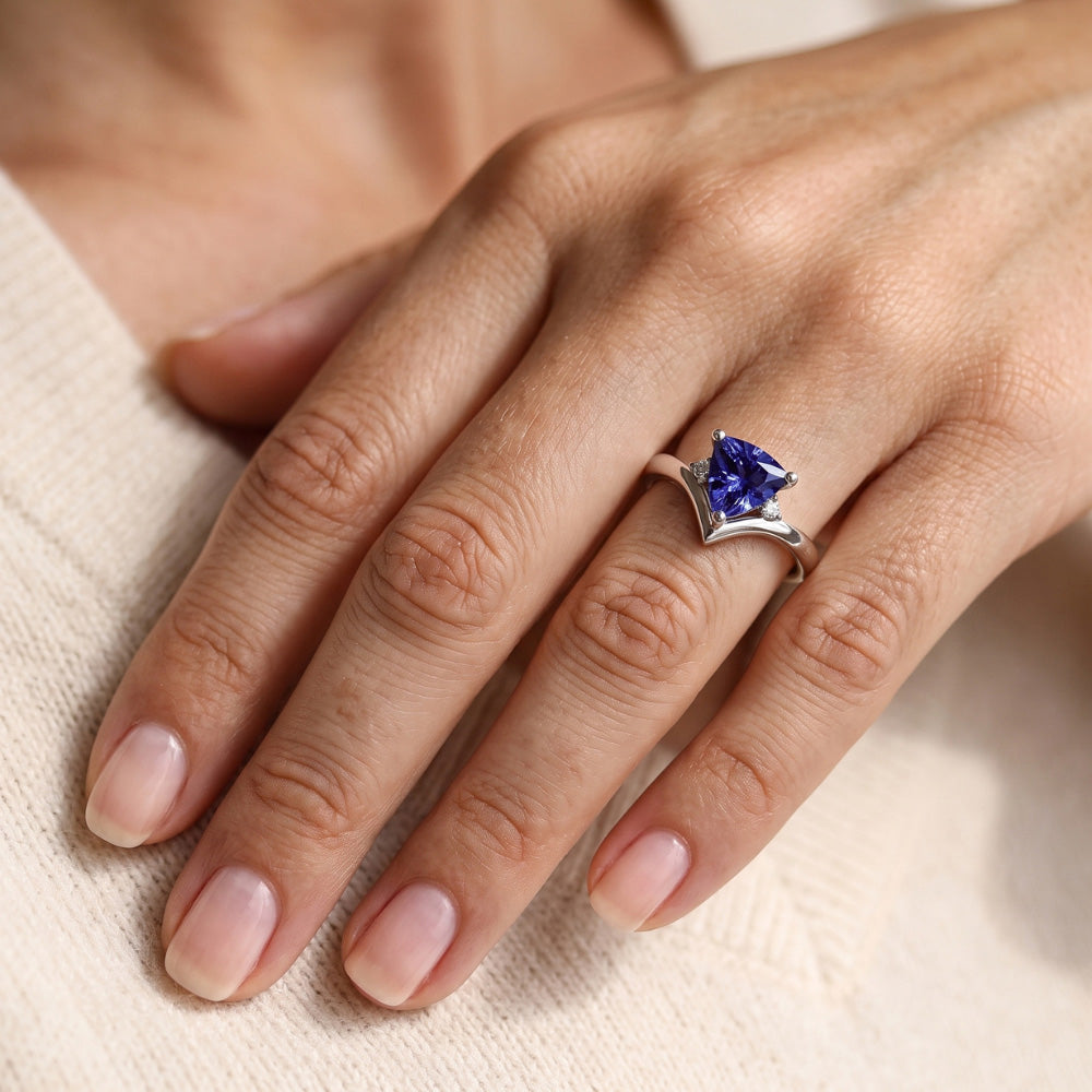 Natural Earth Mined Diamond Three Stone Trillion Sapphire Ring 1.25 Carats Heart Style