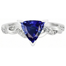 Natural Earth Mined Diamond Trillion V Prong Blue Sapphire Ring 2 Carats Twisted Style
